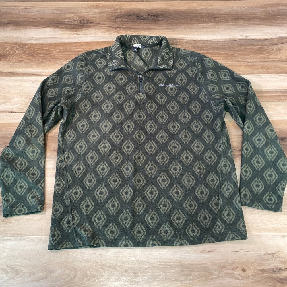 Eddie Bauer Mens Green Geometric Diamond Print‎ 1/4 Zip Fleece Pullover Medium